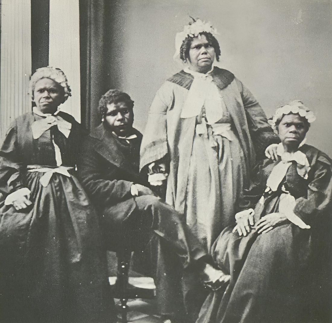 A picture of the last four Tasmanian Aboriginal people of solely Aboriginal descent c. 1860s. Truganini, the last to survive, is seated at far right.